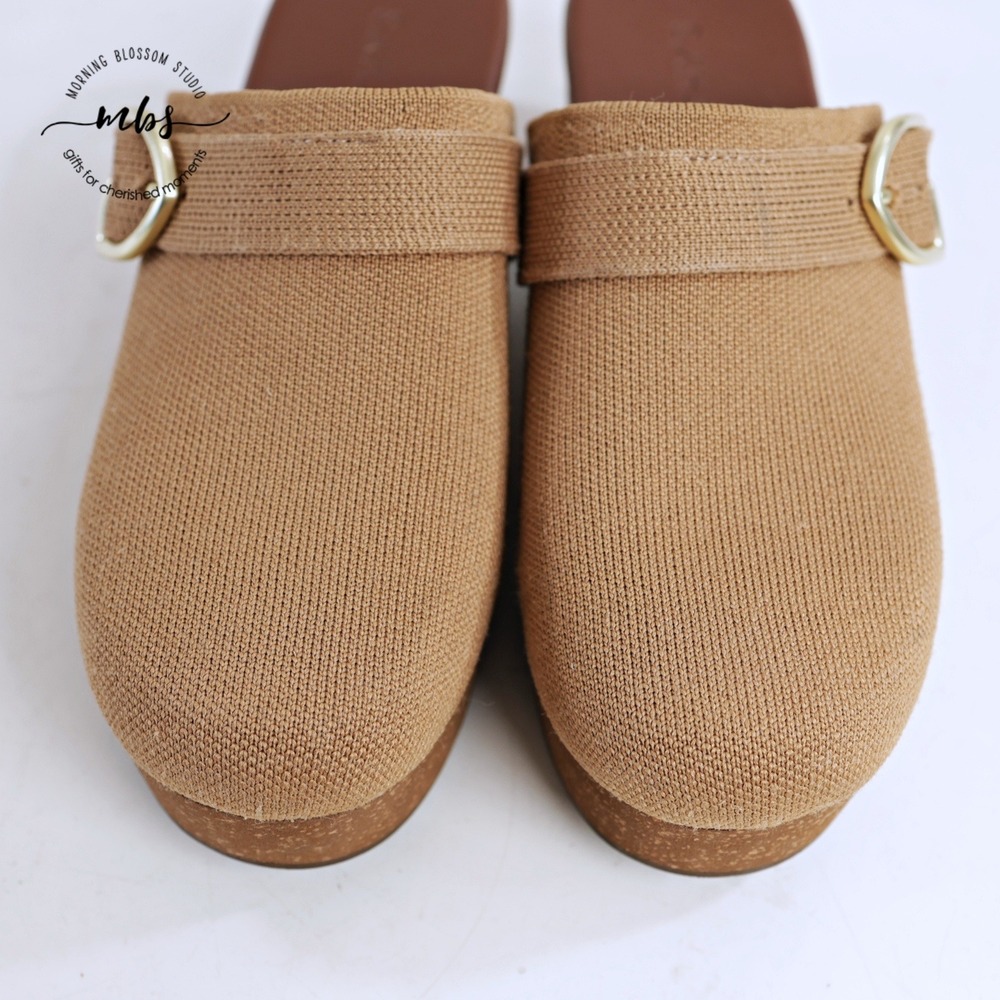 Rothy's Tan Canvas Clog Mules with Gold Buckle - Picture 13 of 14